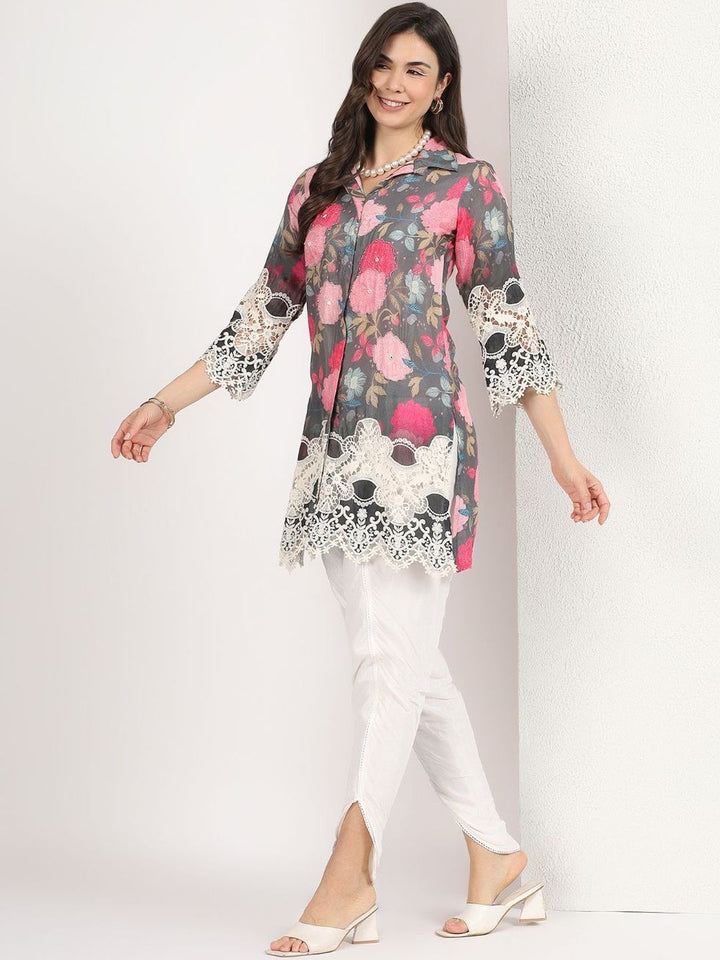 Mamicha Women Floral Printed Regular Thread Work Kurti with Dhoti Pants
