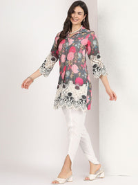 Mamicha Women Floral Printed Regular Thread Work Kurti with Dhoti Pants