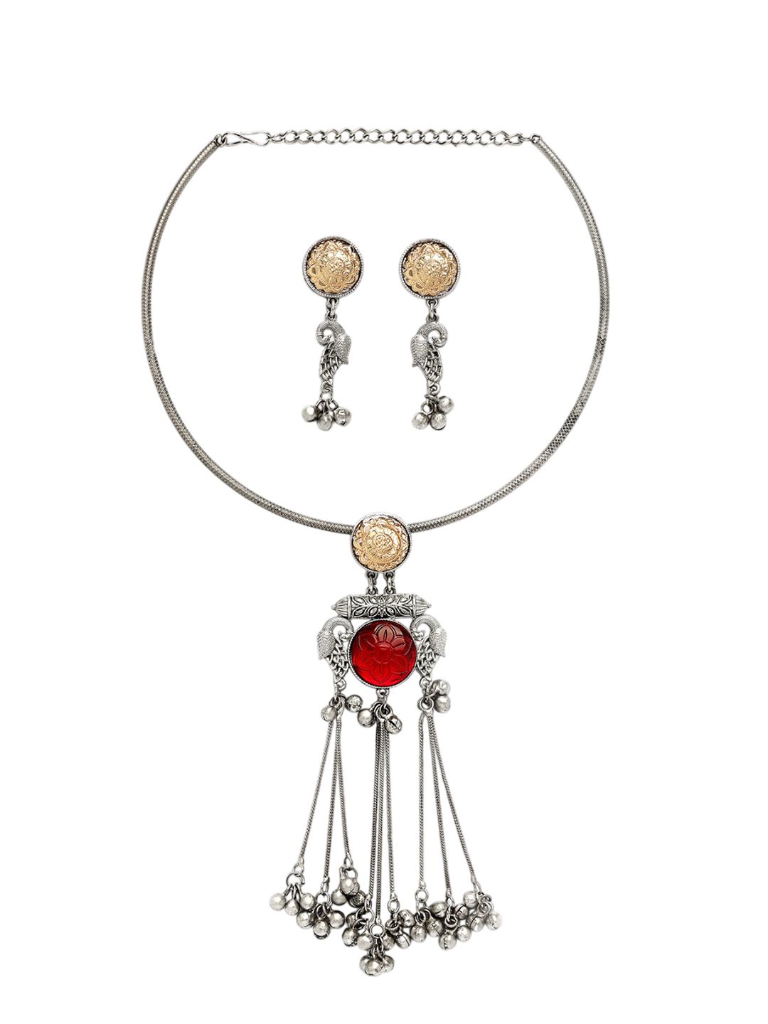 KARATCART Silver-Plated Red Stones Studded Oxidised Peacock Design Hasli Jewellery Set