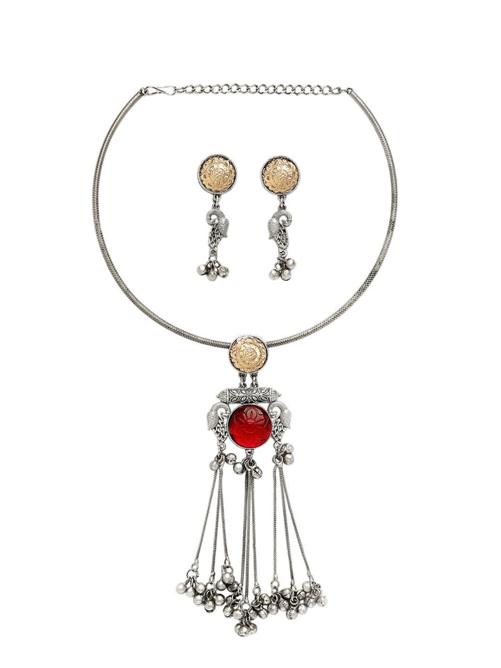 KARATCART Silver-Plated Red Stones Studded Oxidised Peacock Design Hasli Jewellery Set
