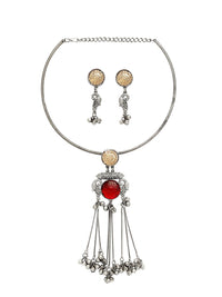 KARATCART Silver-Plated Red Stones Studded Oxidised Peacock Design Hasli Jewellery Set