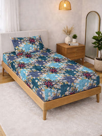 KLOTTHE Blue Floral Printed 300 TC Single  Bedsheets
