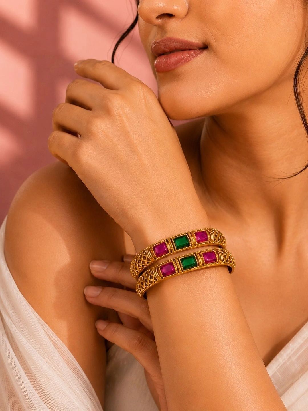 PANASH Set Of 2 Gold-Plated Artificial Stones Studded Bangles