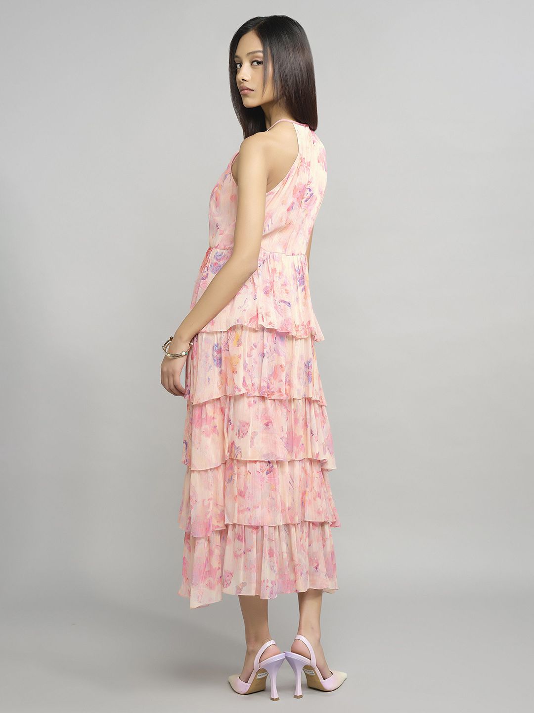 AND Floral Printed Halter Neck Layered Fit & Flare Midi Dress
