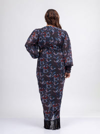 Mamicha Wanita Bercetak V-Neck Puff Lengan Gaun Maxi