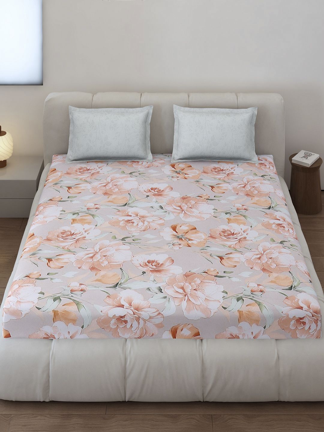 Monte Carlo Edmond Grey & Brown Floral Printed 144 TC King Bedsheet Set 2.70 m x 2.70 m