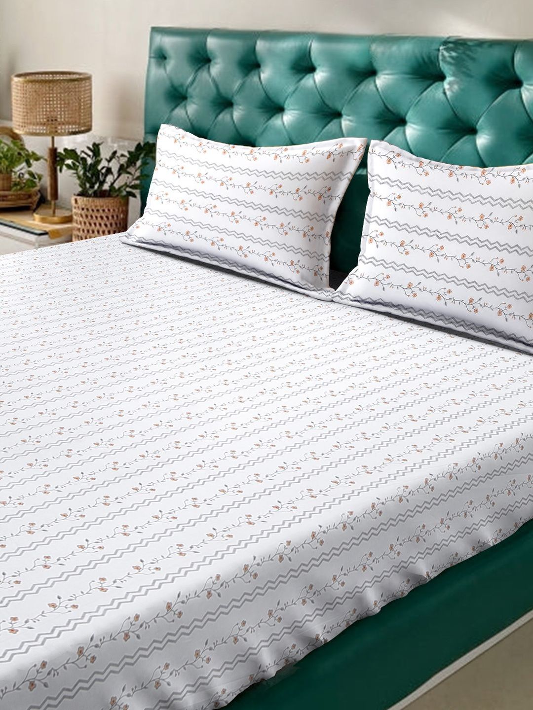 KLOTTHE White Floral Pure Cotton 400 TC Cadar dengan 2 Sarung Bantal