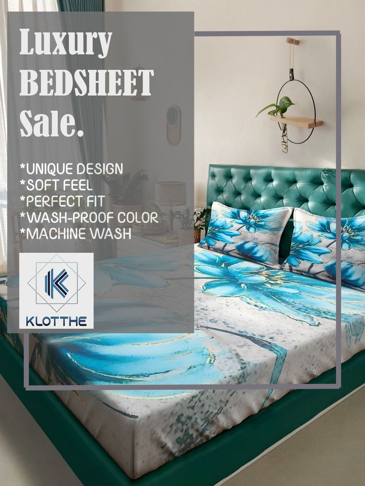 KLOTTHE Biru & Kelabu Bercetak Bunga Dilengkapi Cadar Katil Super King 300 TC Dengan 2 Sarung Bantal