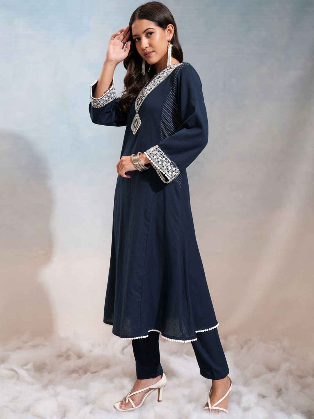 Vishudh Floral Embroidered V-Neck Panelled Mirror Work Kurta With Trousers