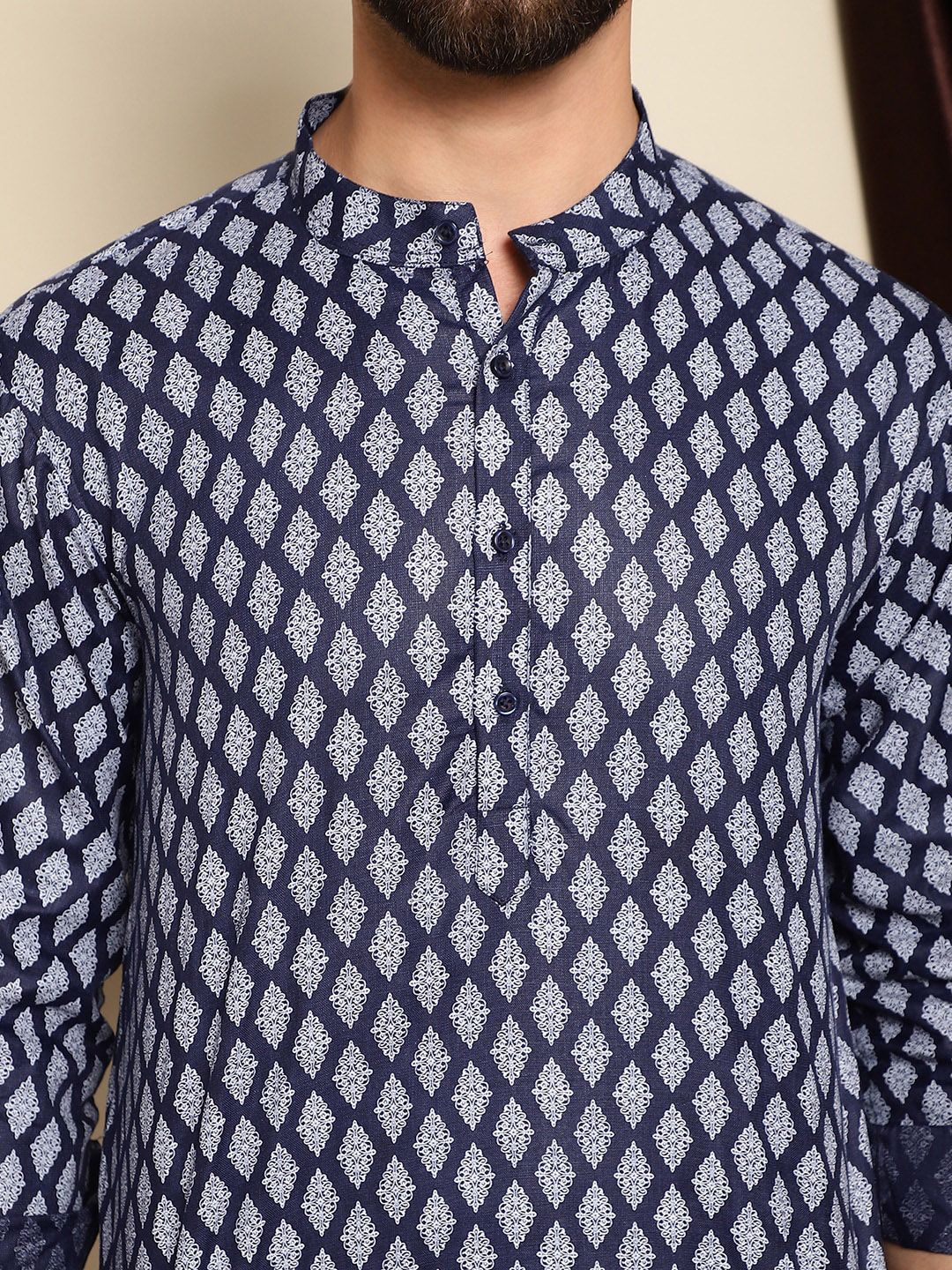 Anouk Ethnic Motifs Printed Band Collar Cotton Linen Straight Short Kurta