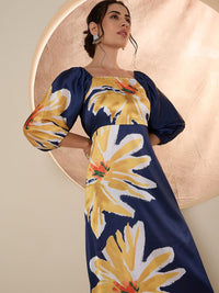 Antheaa Floral Printed Satin A-Line Midi Dress