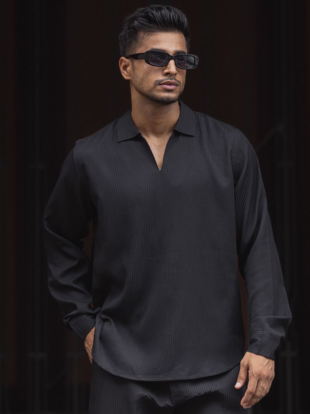 Powerlook Self Design Polo Collar Long Sleeves T-Shirt With Trouser