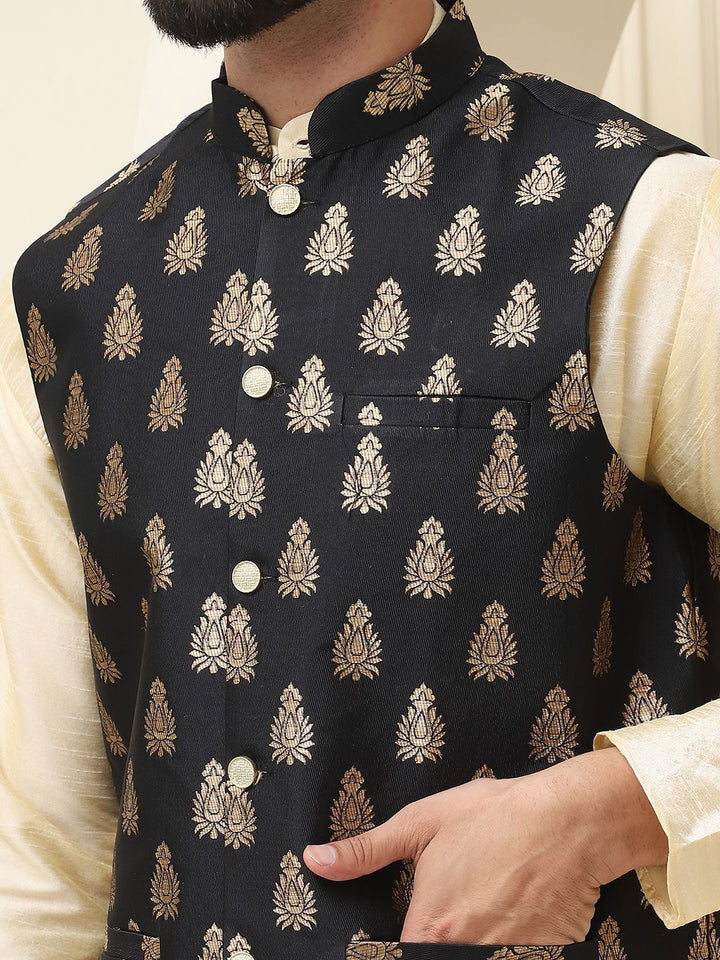 SOJANYA Mandarin Collar Silk Cotton Kurta With Churidar & Woven Design Nehru Jacket