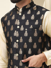 SOJANYA Mandarin Collar Silk Cotton Kurta With Churidar & Woven Design Nehru Jacket