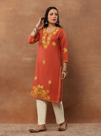 House of Chikankari Women Coral Woollen Aari Embroidered Kurta