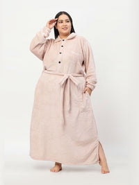 KLOTTHE Plus Size Pink Woollen Long Sleeves Bath Robe With Belt