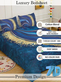 Cadar Katil Superfine King Double Bercetak Biru Abstrak 7D 400 TC Dengan 2 Sarung Bantal