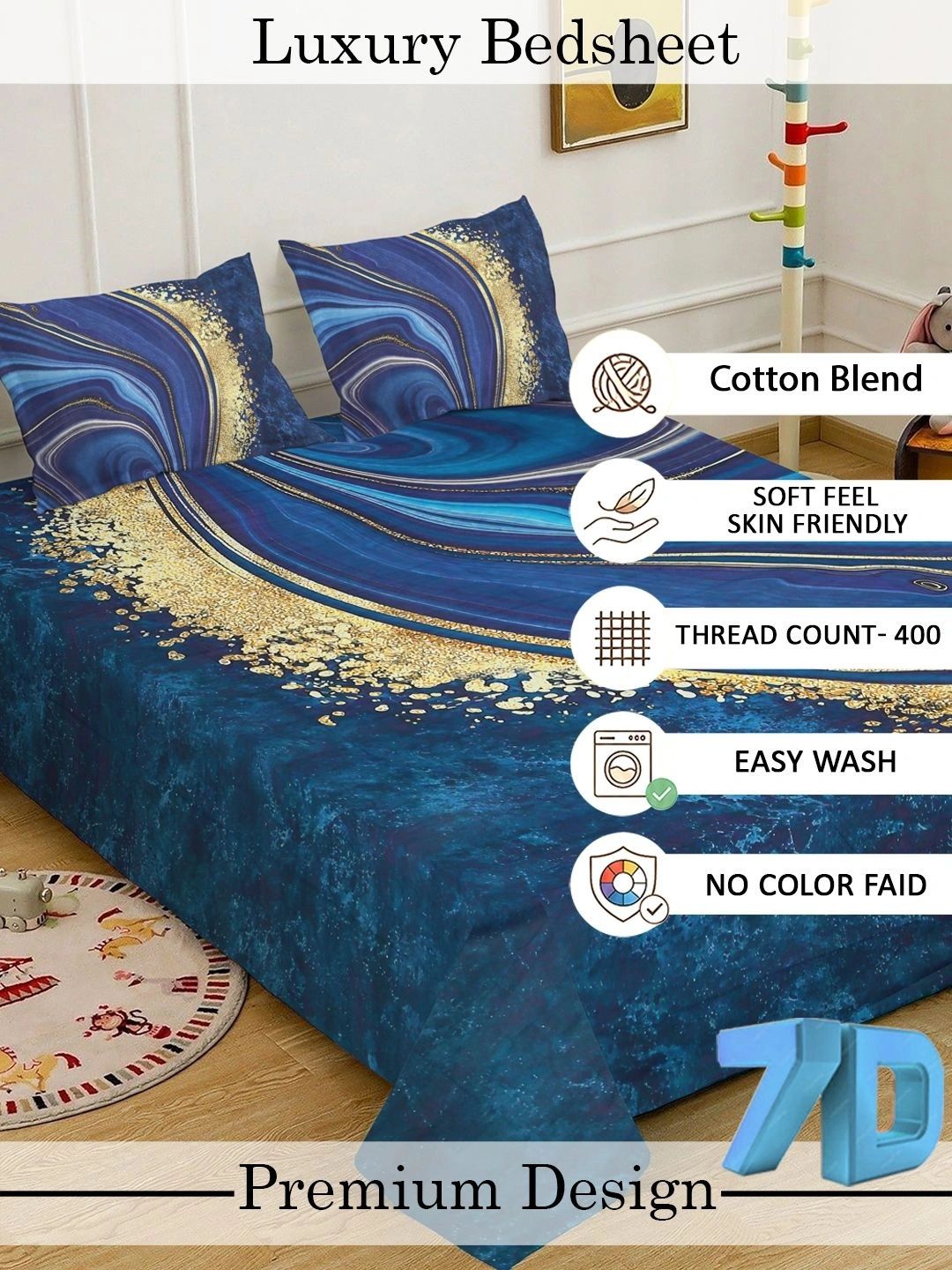 Cadar Katil Superfine King Double Bercetak Biru Abstrak 7D 400 TC Dengan 2 Sarung Bantal
