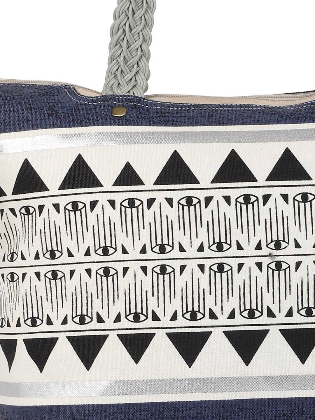 Berrylush Navy Blue & White Geometric Printed Shopper Tote Bag