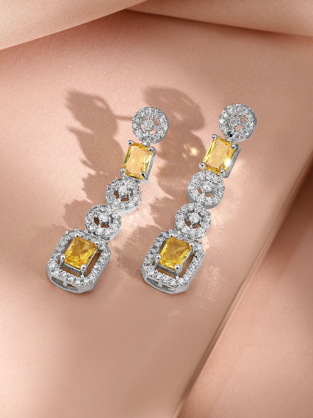 Rubans Rhodium-Plated Yellow Sapphire dan Zirconia Cubic Stone Stone Stone Stone