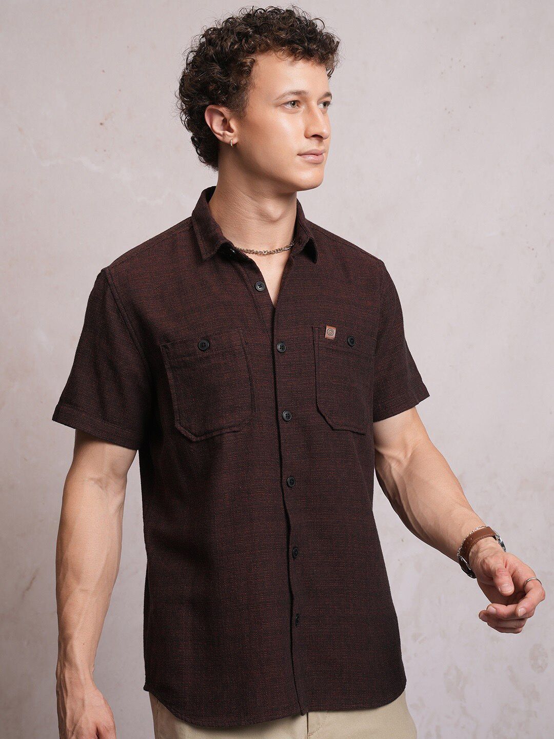 LOCOMOTIVE Textured Checked Utility Pocket Regular Shirt