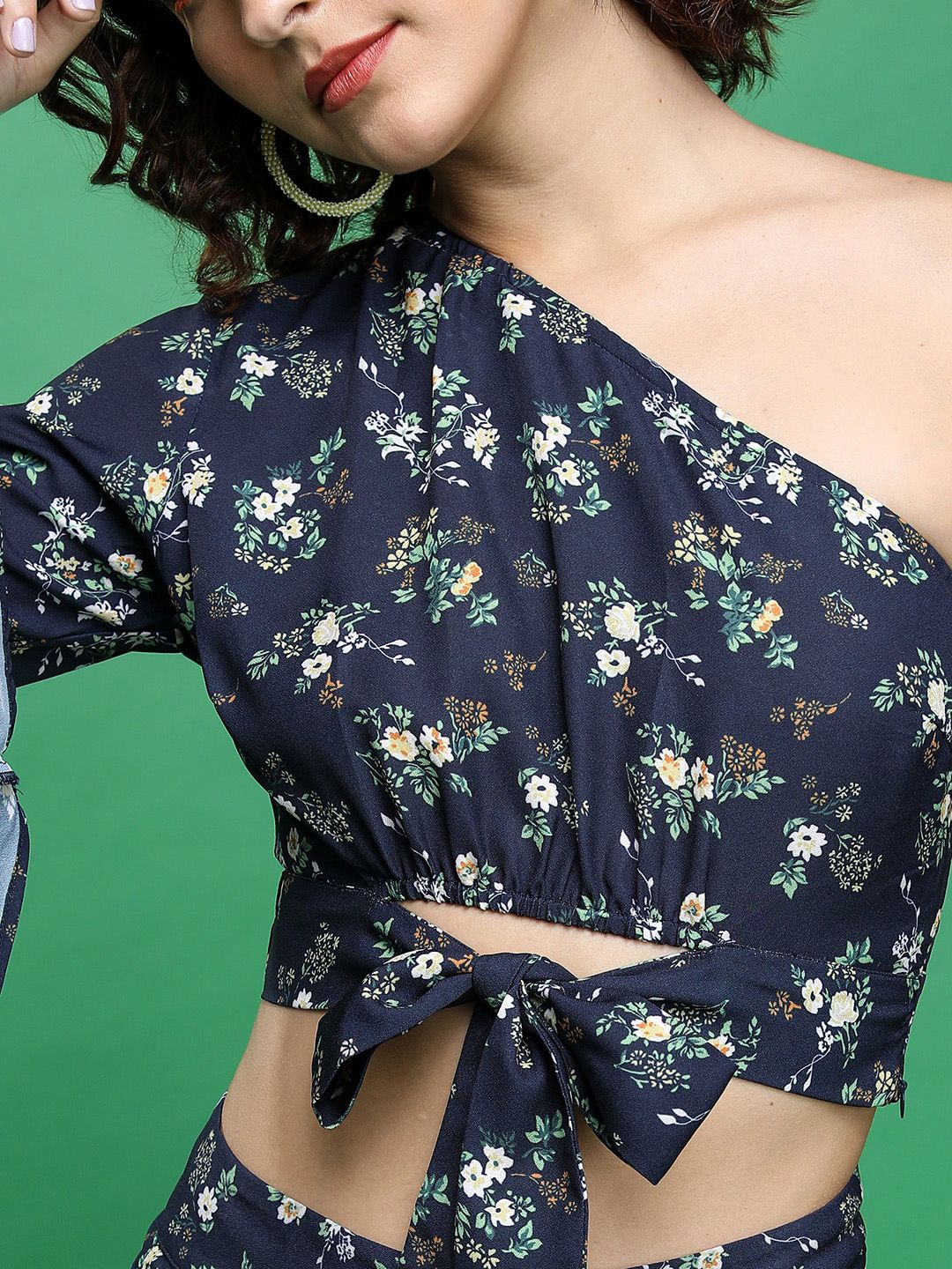 Tokyo Talkies Floral Printed One Shoulder Crop Top With Printed Palazzos