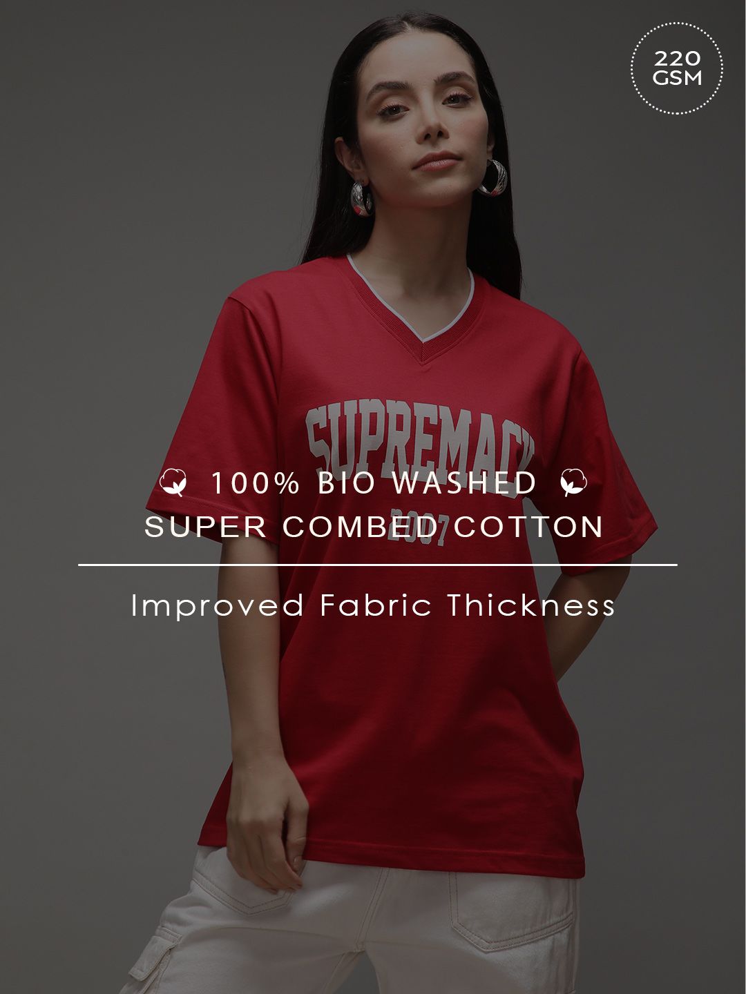 DILLINGER Women Short Sleeve Oversized V-Neck Printed Tshirt