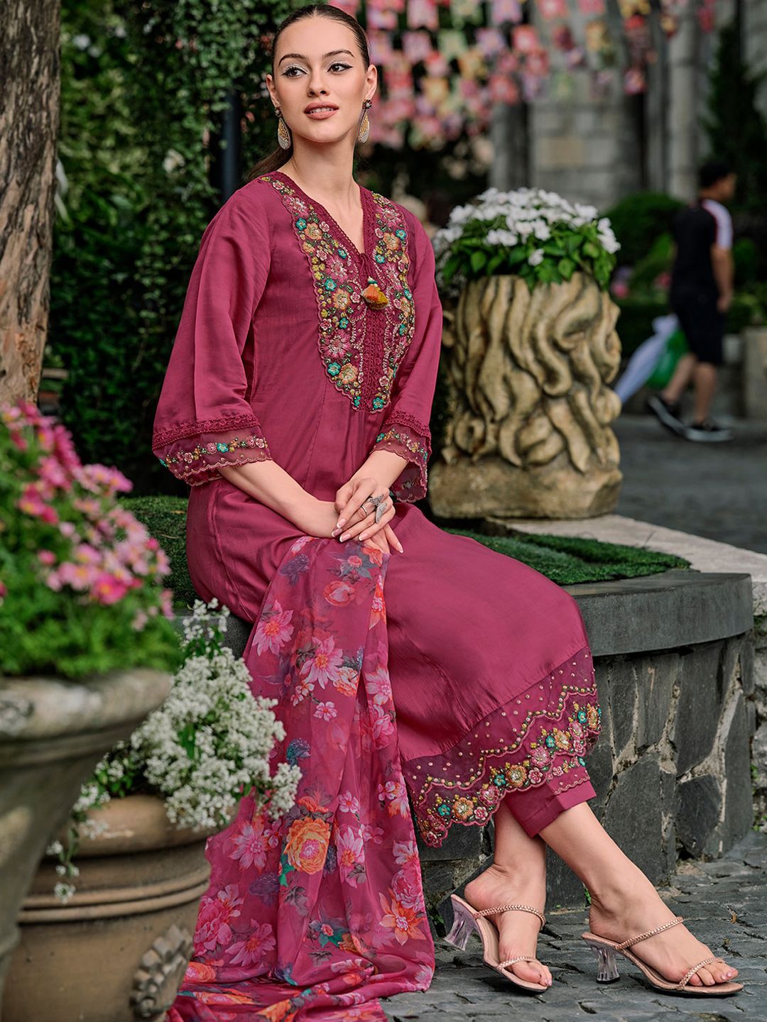 Indo Era Floral Yoke Design Thread Work A-Line Kurta With Trousers & Dupatta