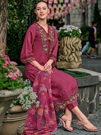 Indo Era Floral Yoke Design Thread Work A-Line Kurta With Trousers & Dupatta