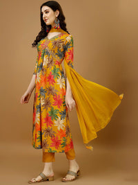KALINI Floral Printed Empire Thread Work Kurta with Trousers & With Dupatta