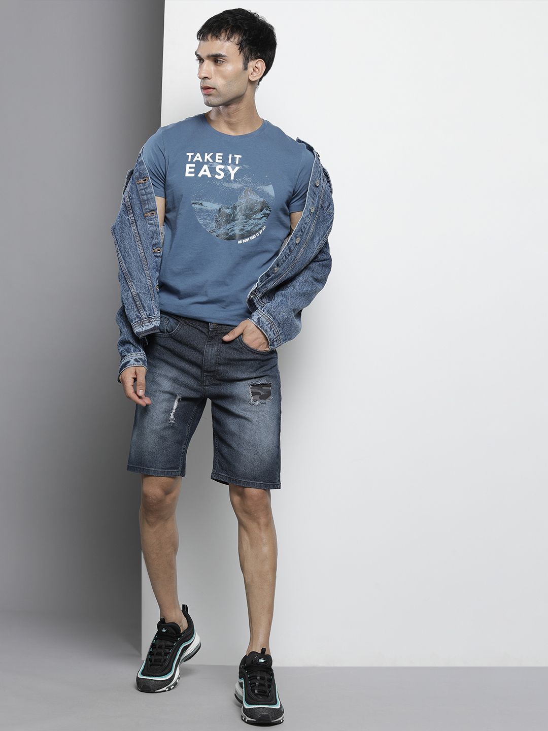 The Indian Garage Co Men Blue Slim Fit Denim Shorts