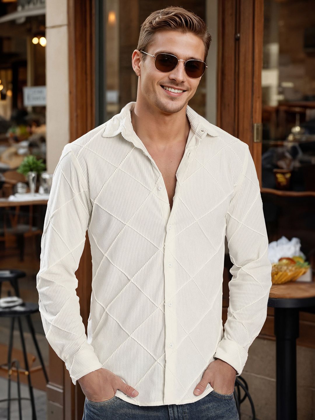 Bene Kleed Men Slim Fit Textured Spread Collar Casual Shirt