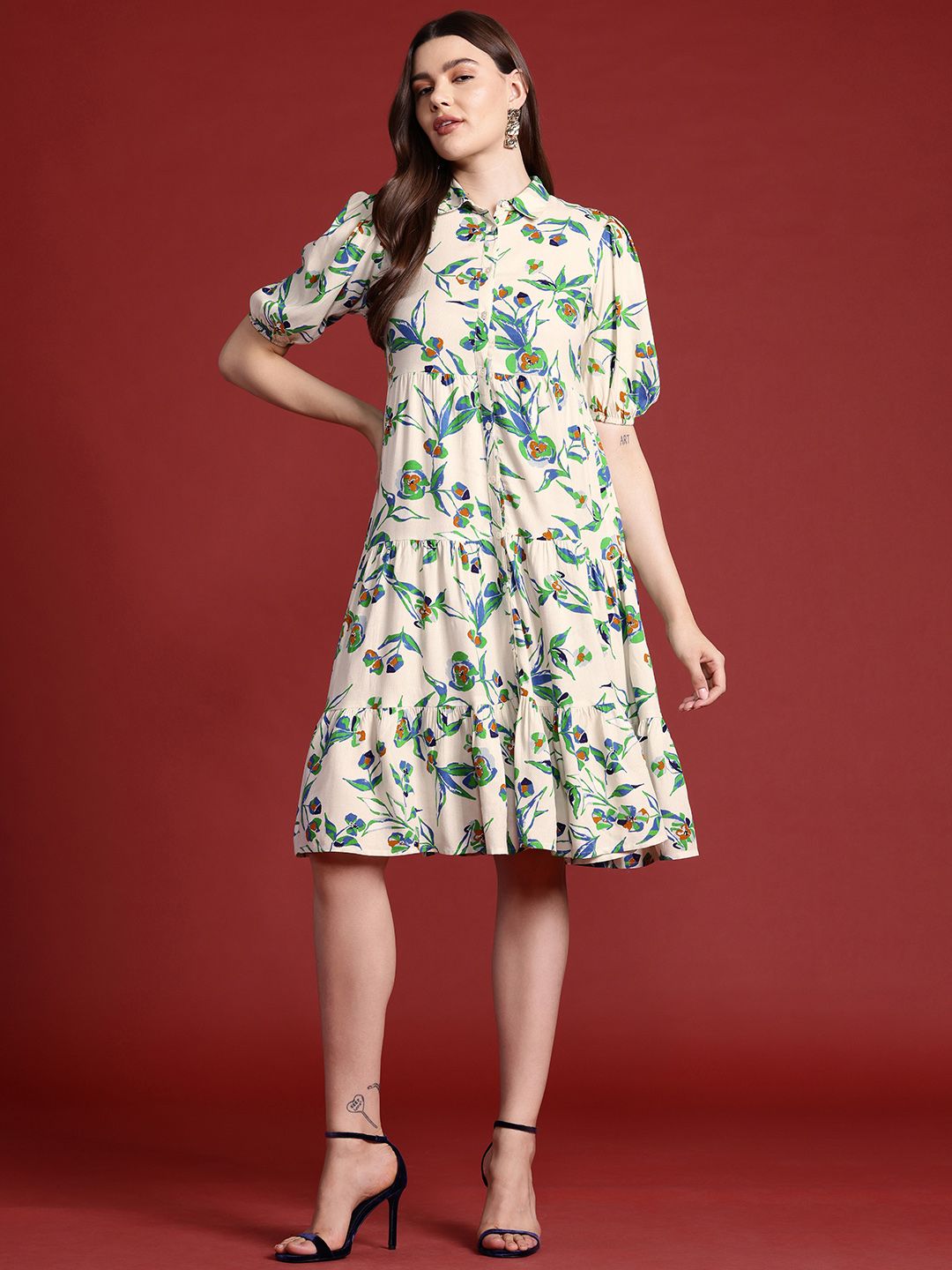 all about you Floral Print Tiered Midi Shirt Dress