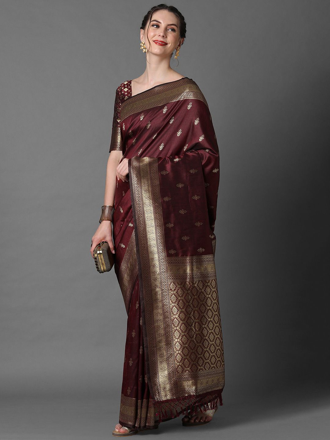 Mitera Brown & Gold-Coloured Ethnic Motifs Woven Design Silk Blend Banarasi Saree