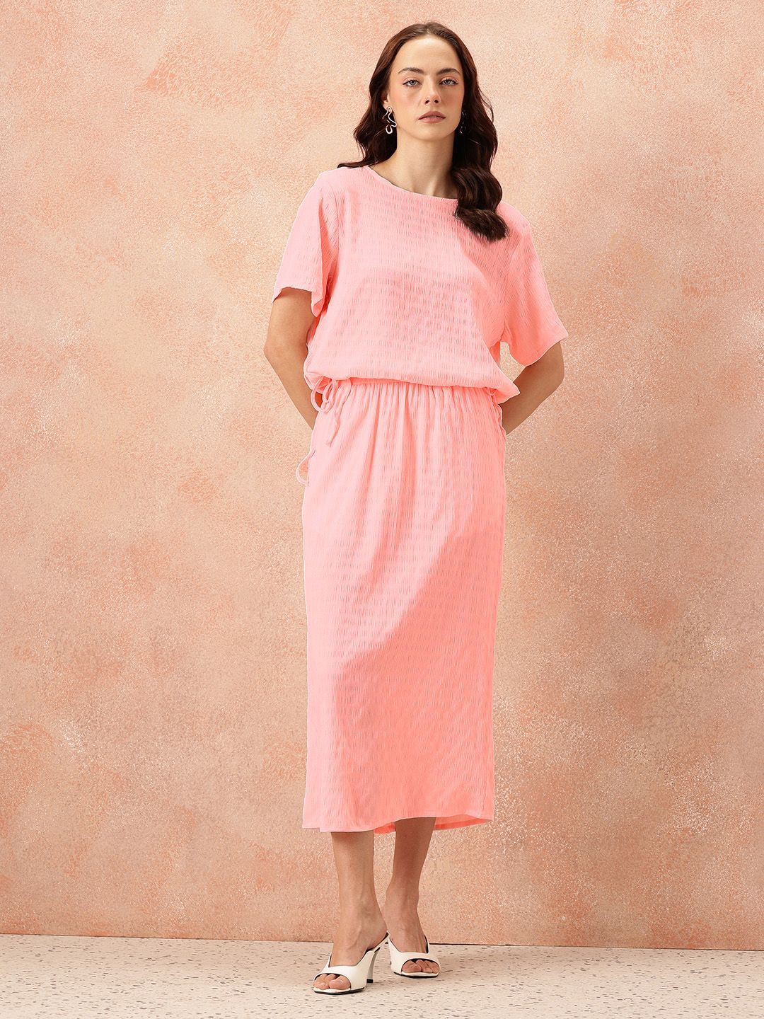 all about you Seersucker Effect Tie-Up Detail Top with Midi A-Line Skirt