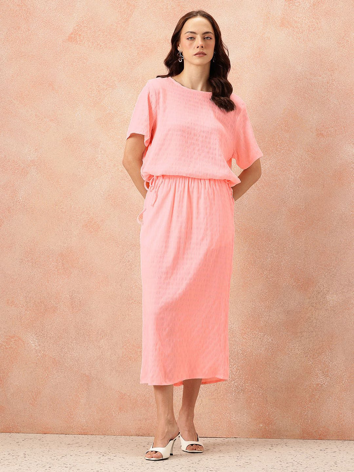 all about you Seersucker Effect Tie-Up Detail Top with Midi A-Line Skirt