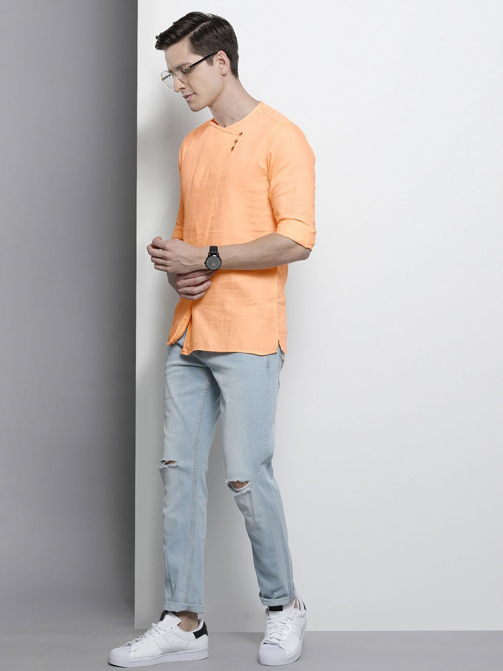 The Indian Garage Co Men Peach-Coloured Solid Angrakha Straight Kurta