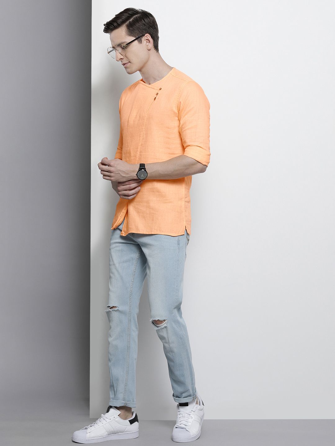 The Indian Garage Co Men Peach-Coloured Solid Angrakha Straight Kurta