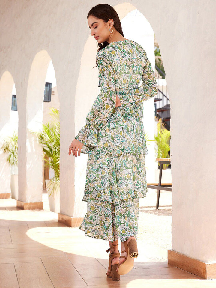 STREET 9 Tropical Printed Puffed Sleeves Layered Georgette A-Line Maxi Dress