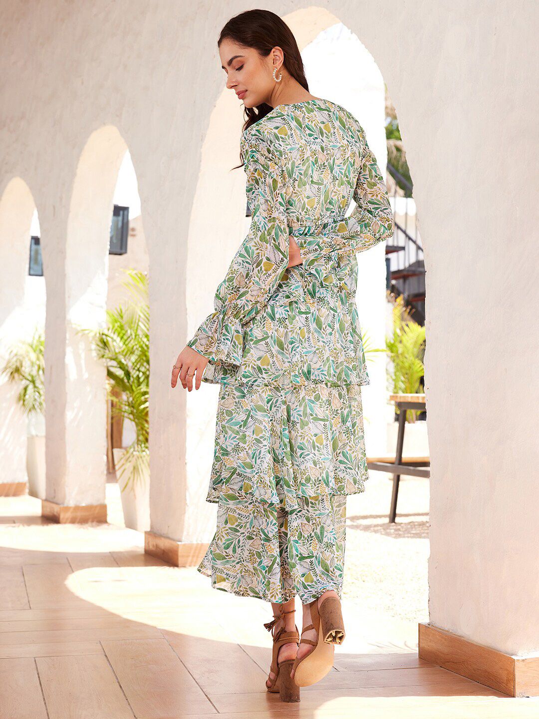 STREET 9 Tropical Printed Puffed Sleeves Layered Georgette A-Line Maxi Dress