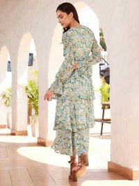 STREET 9 Tropical Printed Puffed Sleeves Layered Georgette A-Line Maxi Dress