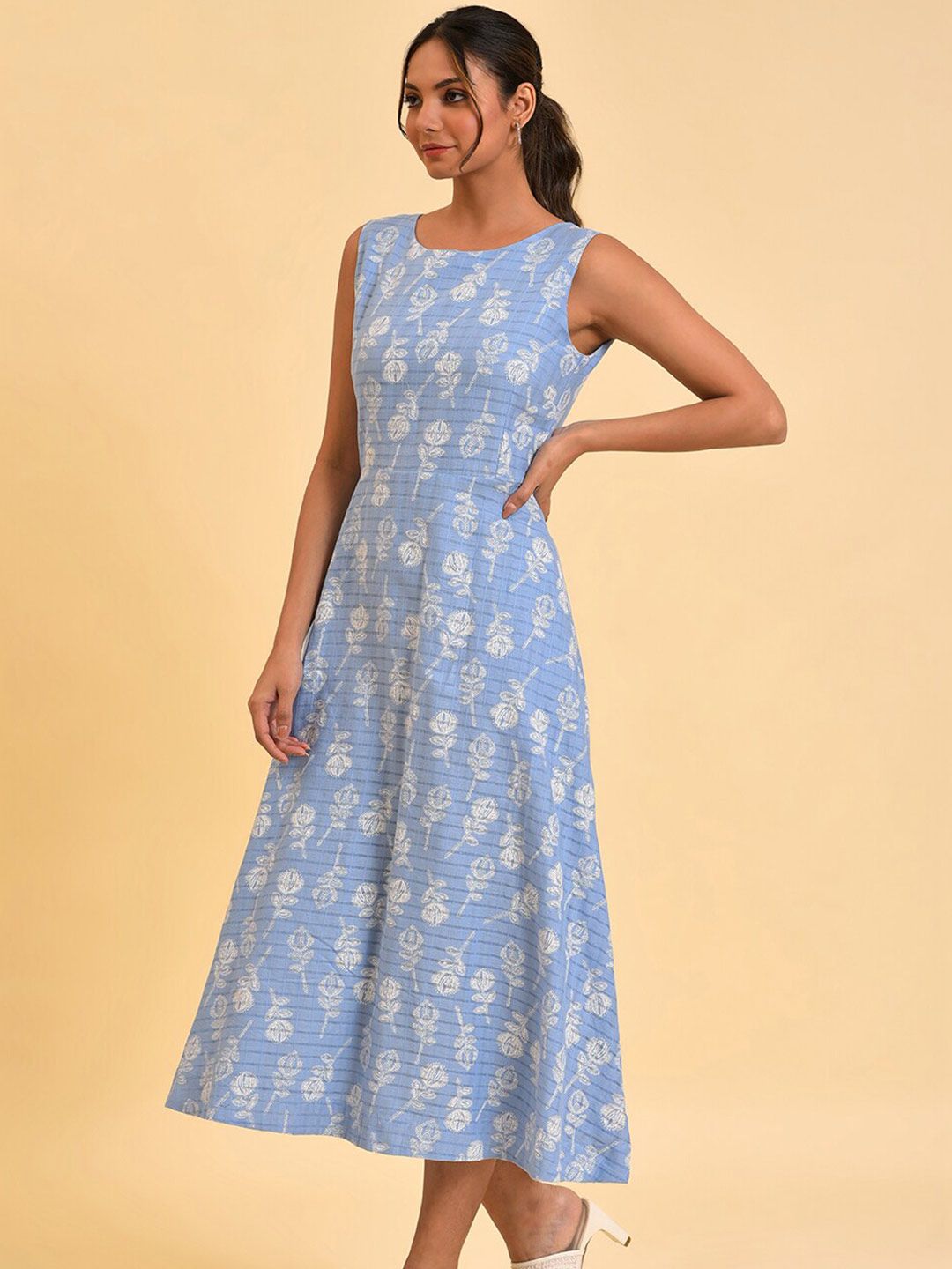 W Blue Floral Printed Pure Cotton A-Line Midi Dress