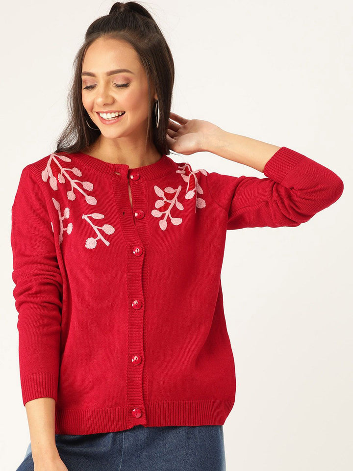 DressBerry Women Red & Pink Floral Embroidered Solid Cardigan