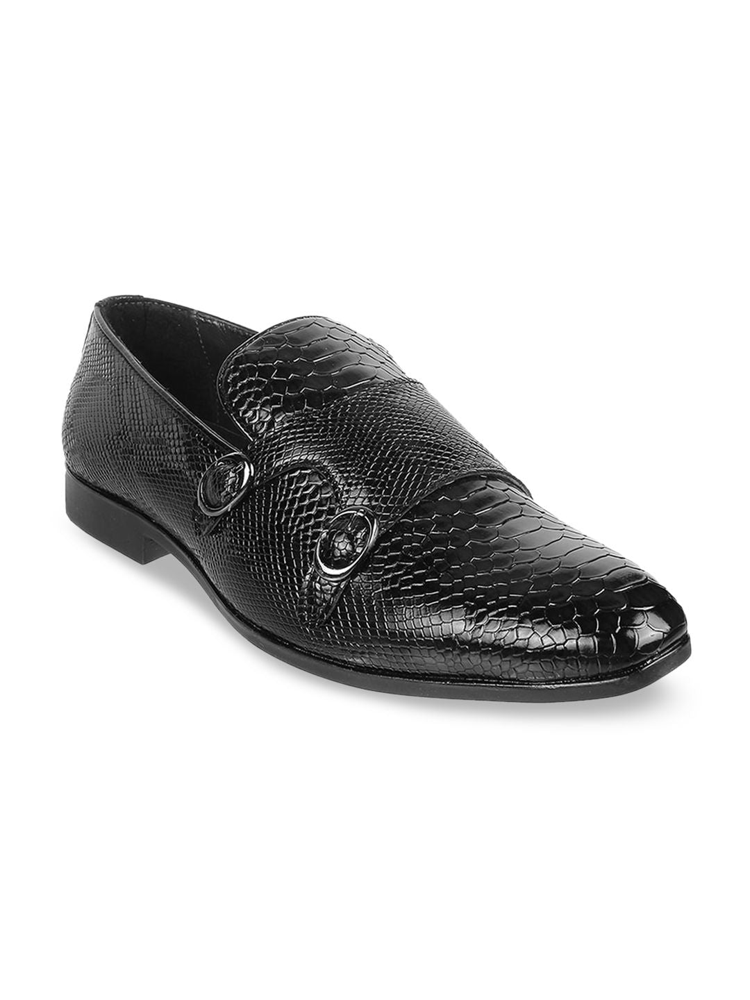 Metro Men Textured Formal Monk Shoes With Buckle Detail