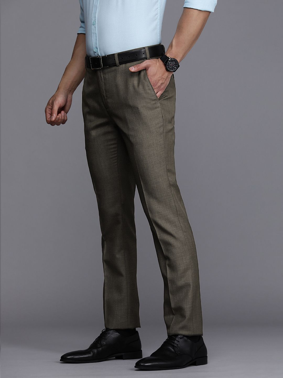 Raymond Men Olive Green Solid Slim Fit Formal Trousers
