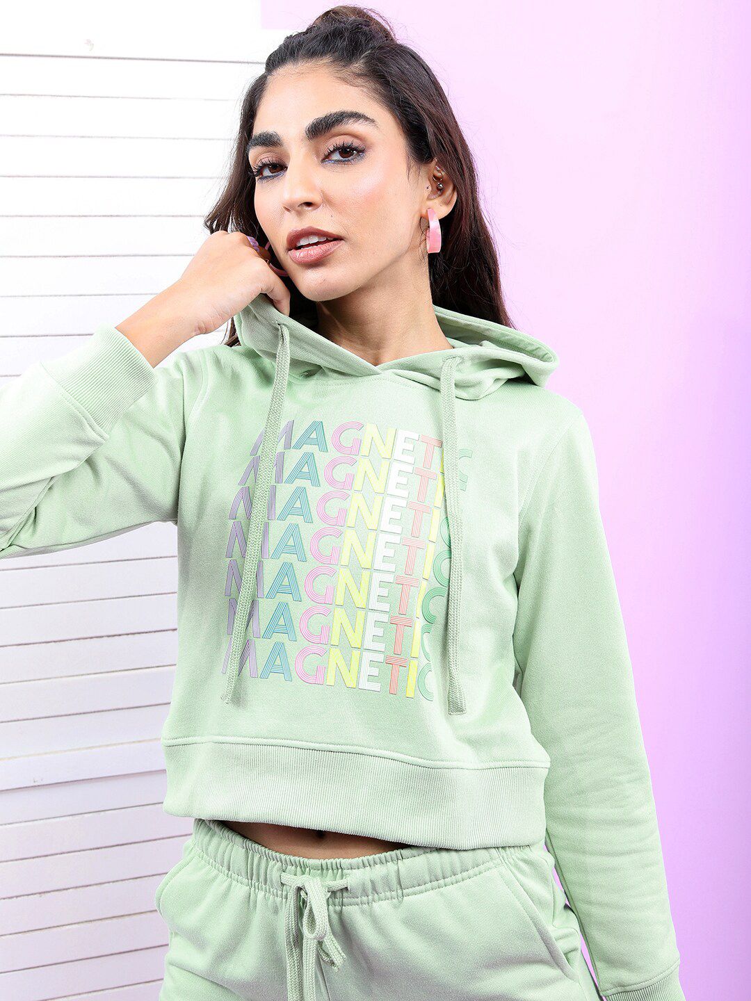 Tokyo Talkies Wanita Sea Green Printed Hooded Sweatshirt
