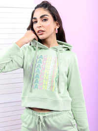 Tokyo Talkies Wanita Sea Green Printed Hooded Sweatshirt