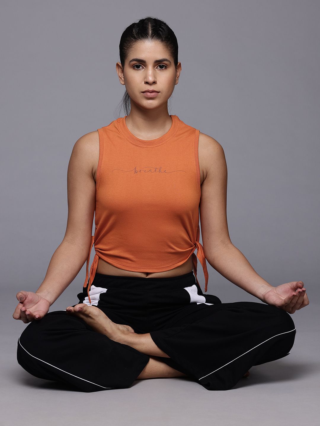 HRX by Hrithik Roshan Typography Printed Waist Tie-ups Yoga T-shirt