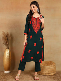 KALINI Floral Embroidered Thread Work Straight Kurta