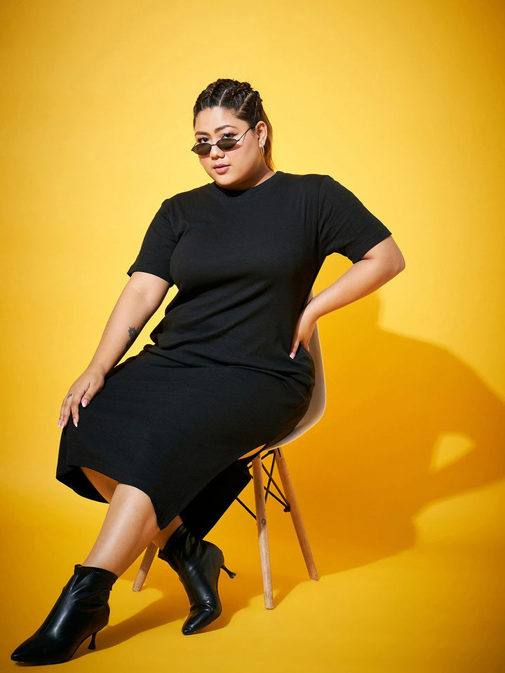 SASSAFRAS Curve Plus Size Black Sheath Midi Dress